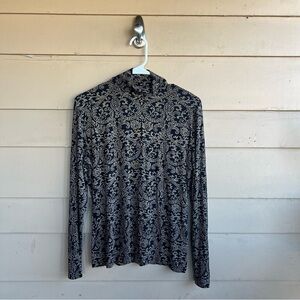 Vintage Mock Black & Cream Baroque Print Neck Long Sleeve Top Size L Y2K 90s